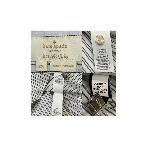 Kate Spade Embroidered Ruffle Top Blouse XS White Black Stripe Floral - Picture 7 of 14